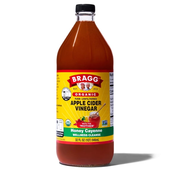 case 24 Bragg Organic Apple Cider Vinegar Honey Cayenne Wellness Cleanse with The Mother, Raw and Unfiltered, 32 fl oz
