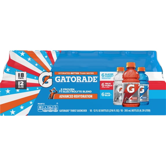 Gatorade Sports Drink, Fruit Punch/Glacier Cherry/Cool Blue Variety Pack, 12 fl oz, 18 Count Bottles