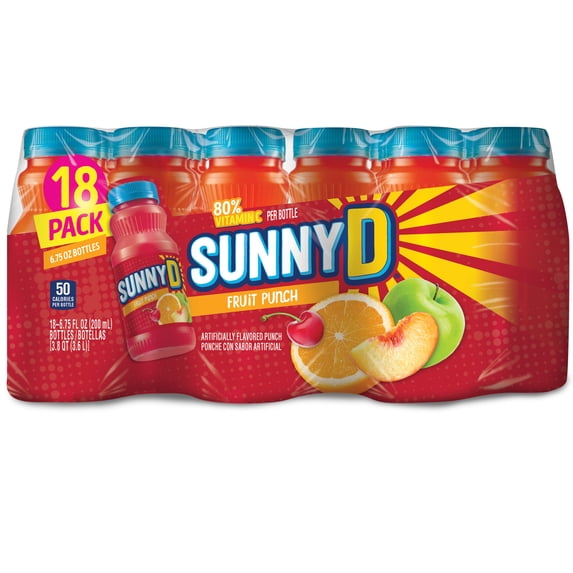 SUNNYD Fruit Punch Shelf Stable Juice Drink, 18 Count, 6.75 fl oz Bottles