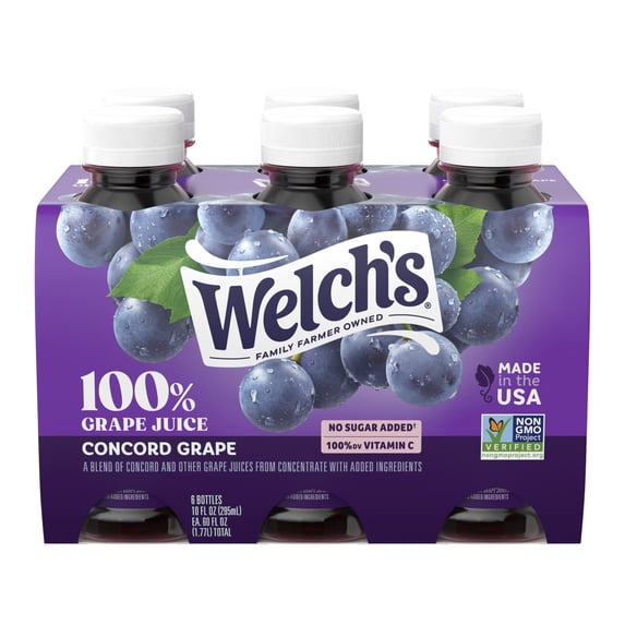 Welch's 100% Grape Juice, Concord Grape, 10 fl oz On-the-Go Bottle (Pack of 6)